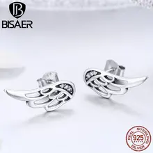 BISAER, распродажа, 925 пробы, серебряные серьги-гвоздики в виде сказочных перьев, крылья ангела для женщин, ювелирные изделия из стерлингового серебра S925 ECE343