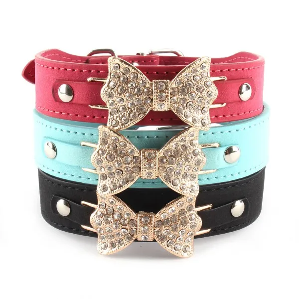 

Lovely Pet Dog Leather Collar Puppy Bling Crystal Gold Bowknot Buckle Choker