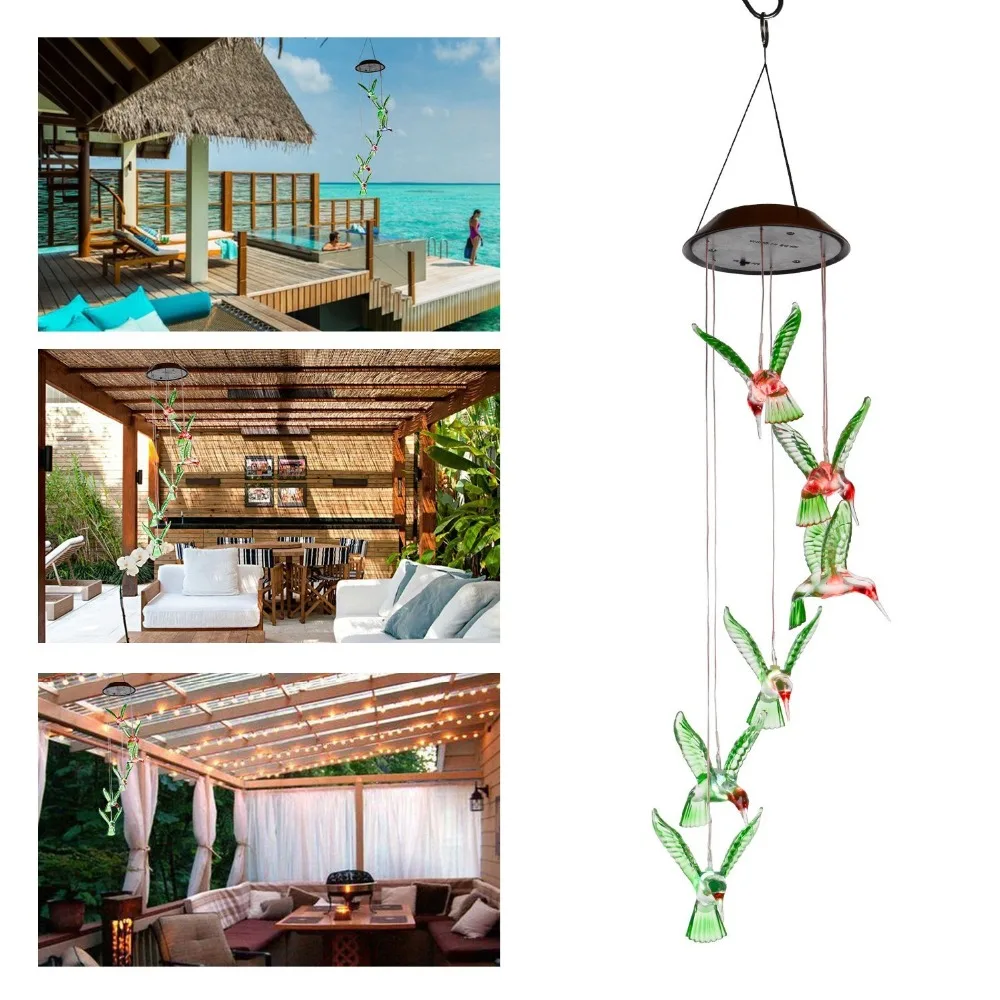 

Solar Hummingbird Wind Chimes Outdoor LED Changing Light Color Mobile Wind Chime, Waterproof Six Hummingbird Wind Chimes