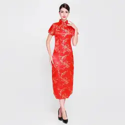 Винтаж Для женщин воротник-стойка Cheongsam красный китайский Свадебное платье цветок элегантные атласные Qipao Плюс Размеры 3XL 4XL 5XL 6XL