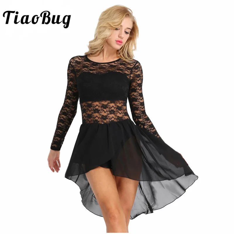 

TiaoBug Women Ballet Dance Leotard Dress Long Sleeve Lace Chiffon Sports Bodysuit Ballet Tutu Ballerina Dress Gymnastics Leotard