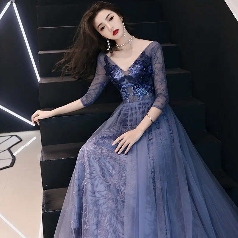 Фиолетовое вышитое китайское Восточное Свадебное женское платье-Ципао Элегантное Вечернее Платье Современные половинные рукава