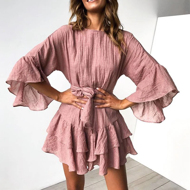 

WHOSONG Casual Fashion All Matched Women Dress Elegant Ruffled Lace Up Summer Dresses Vintage Soft Ladies White Short dress