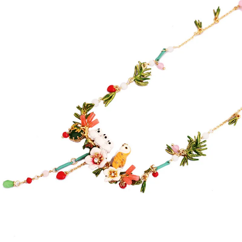 

Warmhome Jewelry Enamel Glaze Copper Trendy Four Owl Bird Pine Branches Flower Gem For Women Necklaces