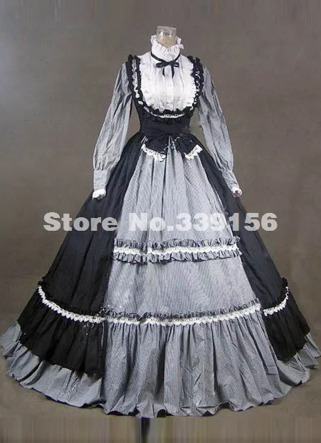 Элегантный черный одежда с длинным рукавом Винтаж готический викторианской платье Гражданская война Southern Belle Бальные платья, Хэллоуин Платья для вечеринок