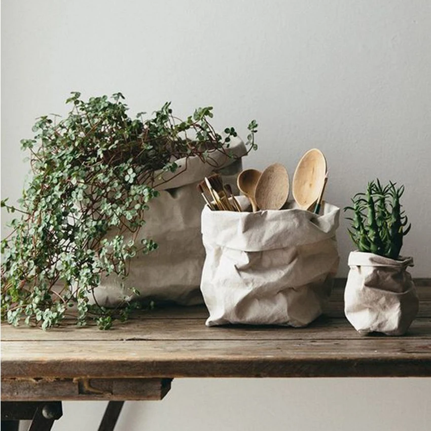 Моющиеся крафт Бумага Nordic сумка для хранения нет слов с красивыми растениями цветком Расти Контейнер Sundries еда сумки для хранения Организатор для дома