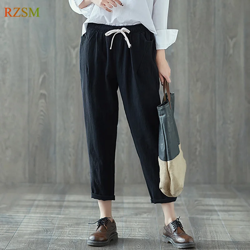 Women Summer Harem Pants Elastic Waist Drawstring Loose Casual Black