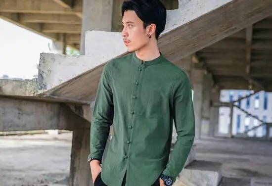 KUANGNAN, китайский стиль, мужские рубашки с длинным рукавом, одноцветная Повседневная Уличная Мужская рубашка, мужская хлопковая льняная рубашка, Мужская одежда, новинка - Цвет: Army Green