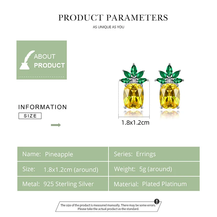 BAMOER, летние серьги-гвоздики в виде ананаса, 925 пробы, серебро, Большой кубический цирконий, фруктовые серьги-гвоздики, женские массивные ювелирные изделия, BSE114