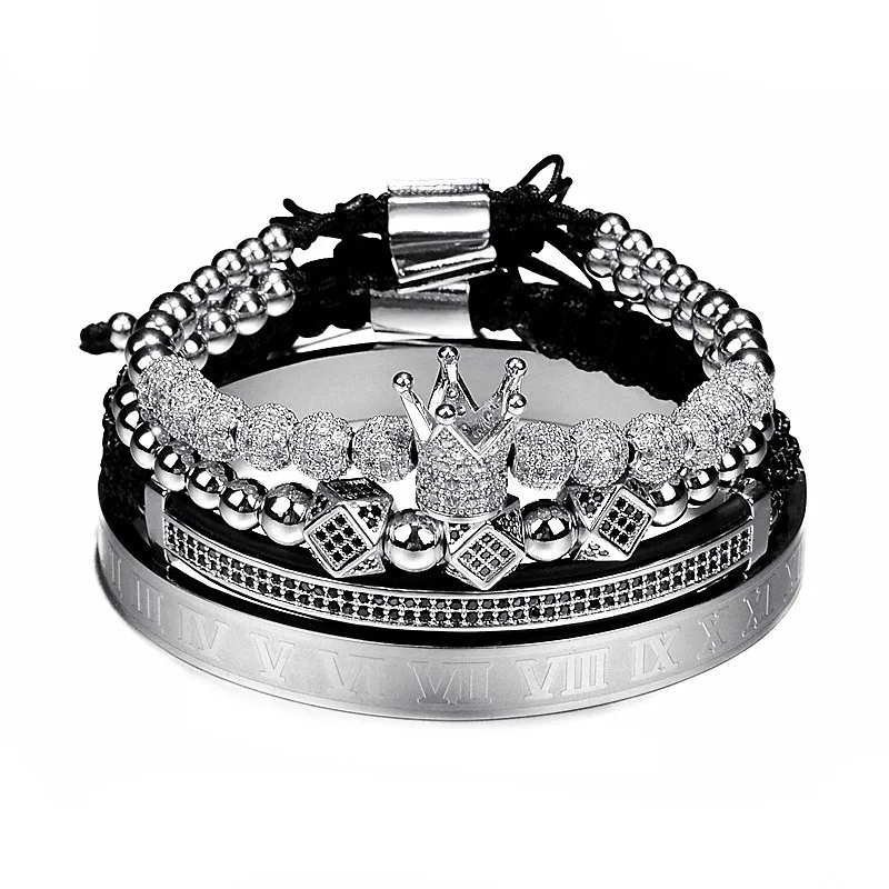 Silver set-6DR Лидер продаж, классический плетеный браслет ручной работы, золотой, хип-хоп, мужской браслет с фианитами, Корона из римских цифр, роскошные ювелирные изделия - Окраска металла: Silver set-6DR