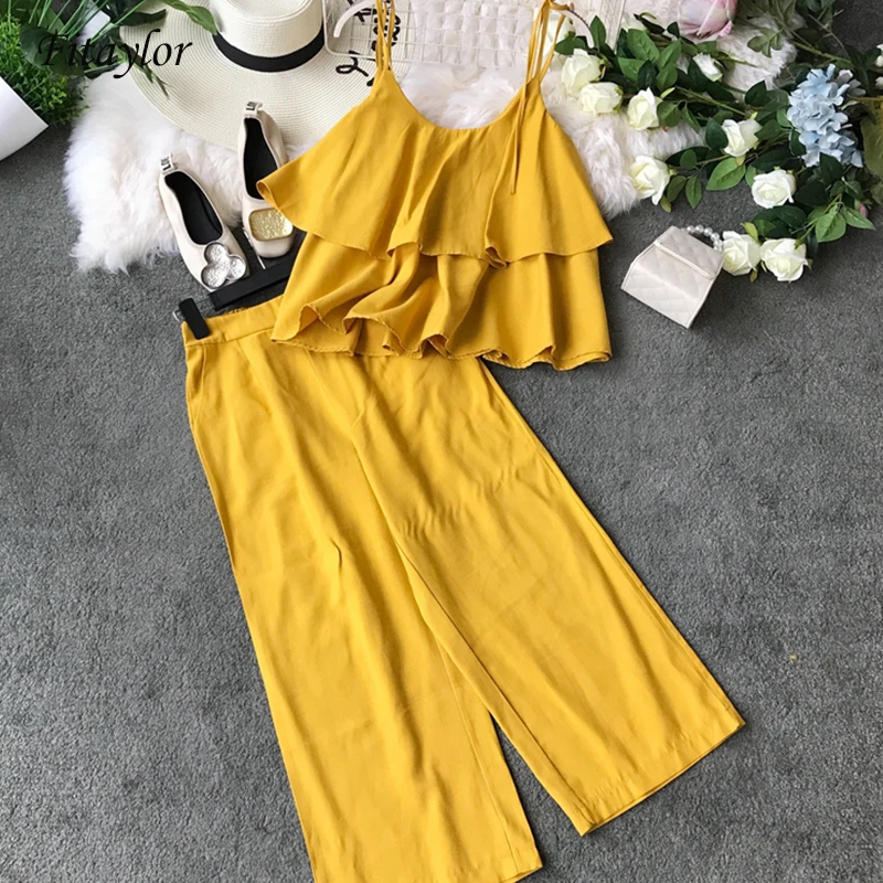 

Fitaylor Women Chiffon Two Piece Set Summer New Suspender Short Shirt+ High Waist Wide-leg Pants Suit Pants 2pcs Sets