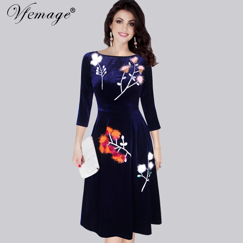 Vfemage Womens Velvet Elegant Vintage Retro Winter Spring Tunic Casual Party Special Occasion 