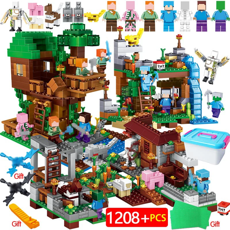 

1208PCS My World Building Blocks Waterfall Tree House Compatible LegoING Minecrafted Village Warhorse City Toys For Children Gif
