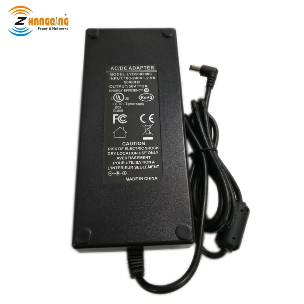 

56 volt 120 watt 2.5 amp power supply for PoE injectors with 2.1mm x 5.5mm DC connector. UL, FCC approvals