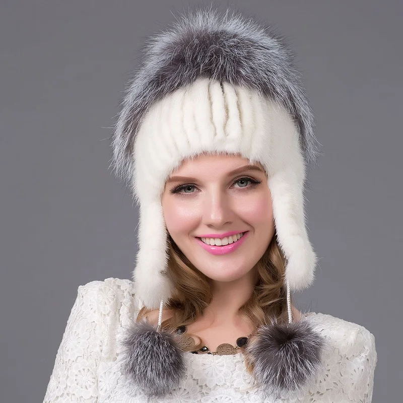 

Mink Fur Hat Russian Winter Hat Women's Genuine Suede Fur Hat Silver Fox Fur 2018 Women's Fashion High-End Female Cap DHY-22