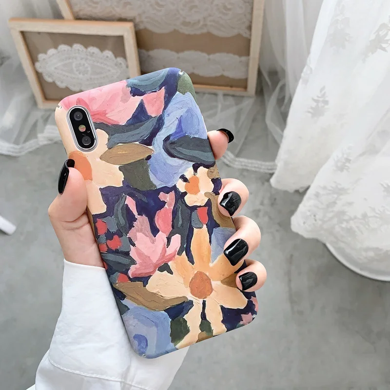 

Retro Art Colorful flowers Phone Case For iphone XR X XS Max 6 6S 7 8Plus Cases Oil painting Scrawl Hard PC protection Cover