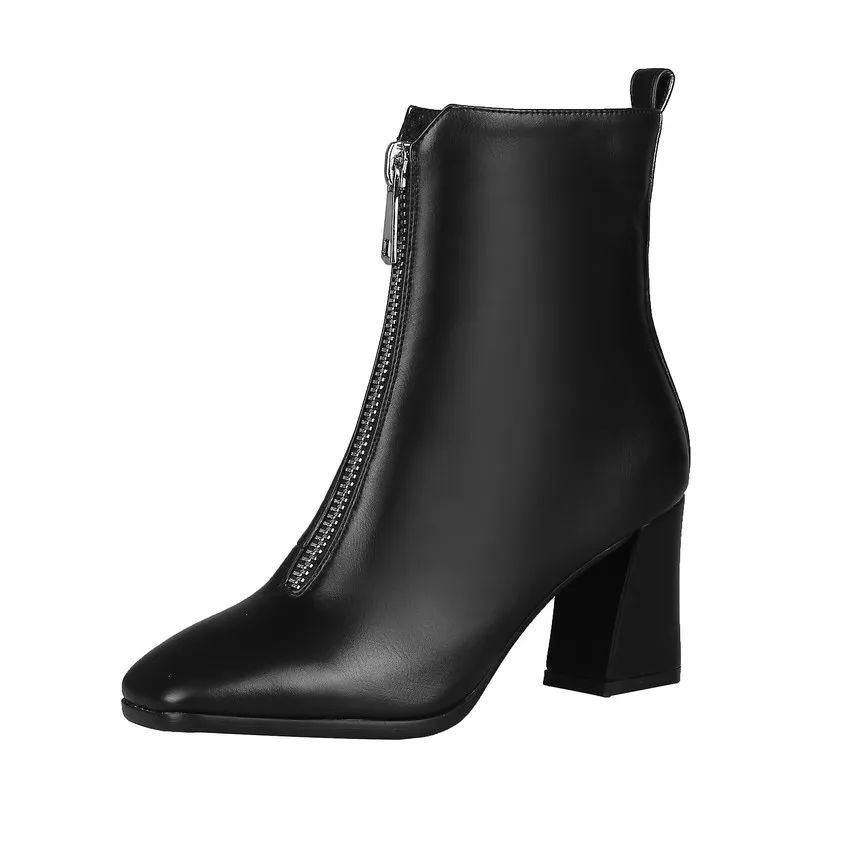 QUTAA/ женские ботильоны зимние ботинки на высоком квадратном каблуке модная женская обувь повседневные женские ботинки из искусственной кожи на молнии размеры 34-43 - Цвет: Черный