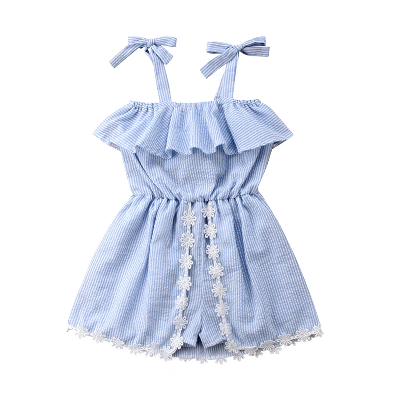 

2018 Summer New Toddler Kids Baby Girl Off shoulder Cape Collar Lace Striped Romper Dress Sundress Clothes
