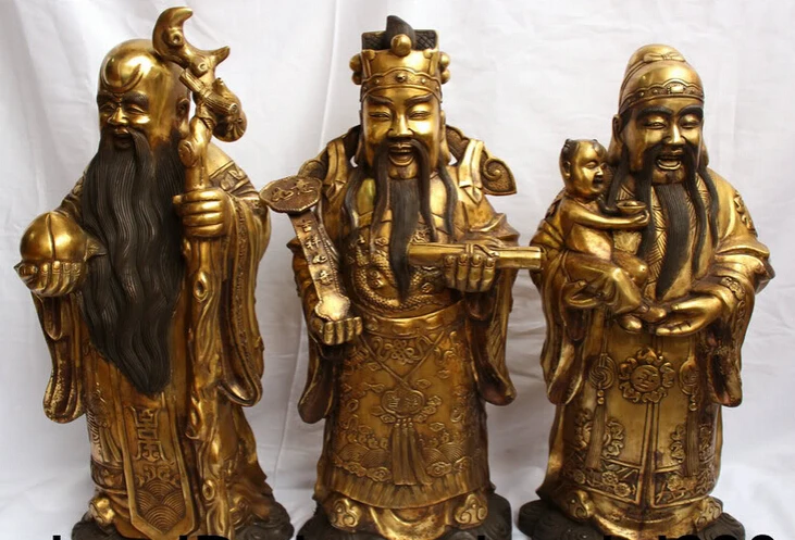 

JP S0524 23" Larger Chinese Bronze Gilt Stand Fu Lu Shou immortal God Buddha Set Statue (B0328)