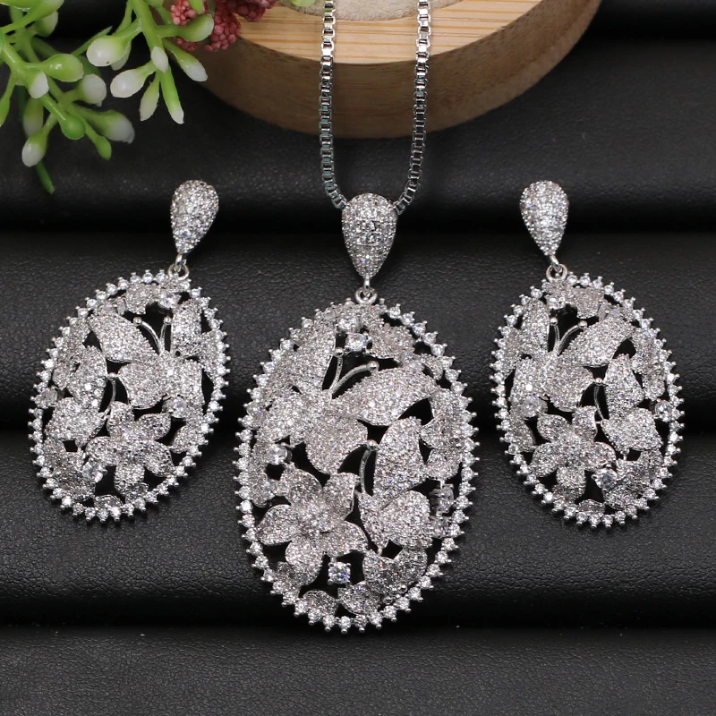 

Lanyika Jewelry Set Super Big Round Butterfly Flower Full Zircon Micro Paved Necklace with Earrings for Wedding Bridal Best Gift