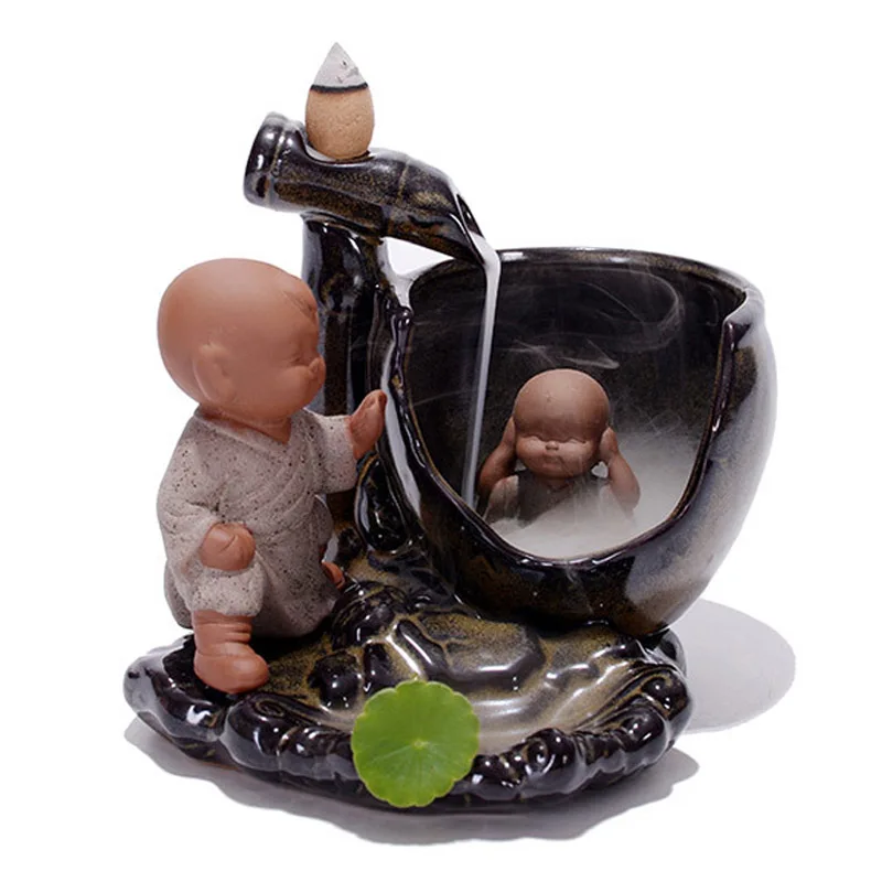 Горелка для благовоний обратного потока домашний декор керамический маленький монах Маленький Будда ладан держатель кадильница для ароматерапии+ 10 шт. благовоний конусов