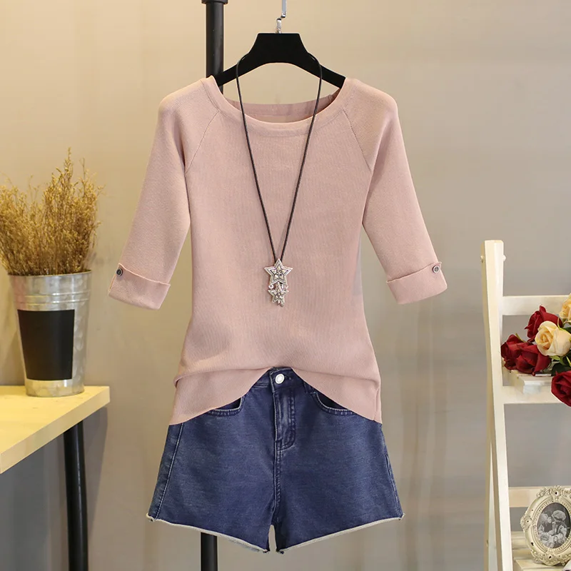 

2018 Women New Summer Knitted Slim T-shirt Half Sleeve With Button Solid Tops O-neck ice silk Basic T Shirt Women Clothing M-XXL