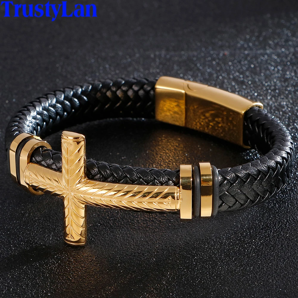 Men Christian Leather Bracelet Stainless Steel Cross Bracelets