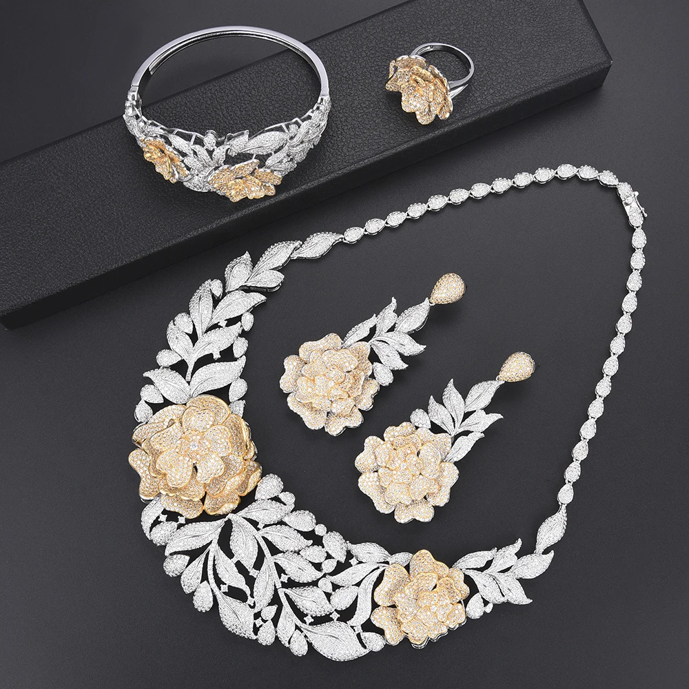 

Luxury Blossom Leaves Women jewelry sets wedding jewelry CZ Dubai Indian Necklace Earrings set Bangle Ring bijoux femme