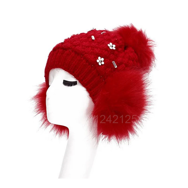 

New style girl children cute autumn winter Knitted Hat Lady big fur ball earmuffs thick wool hat Rhinestone Flower Hats caps