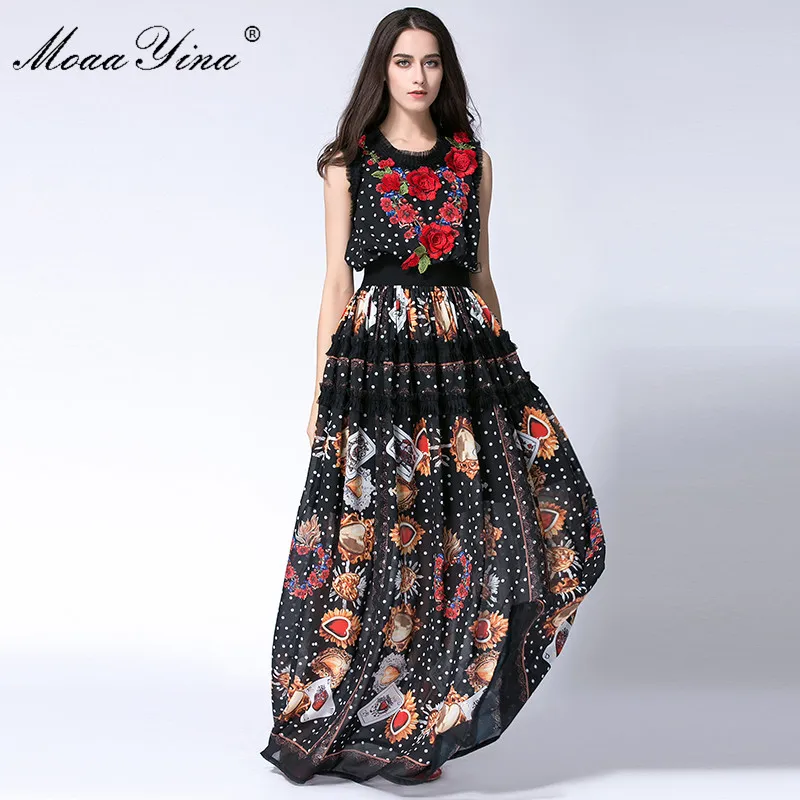 

MoaaYina Designer Runway Maxi Dress Summer Women Sleeveless Dots Lace Print Applique Retro Casual Long Dress High quality