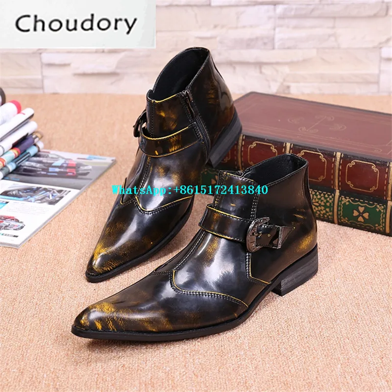 Choudory Leather Breathable Slip-On Mixed Colors Spring Autumn Brogue Shoes Men Pointed Toe High Heels High Top Men Shoes Casual