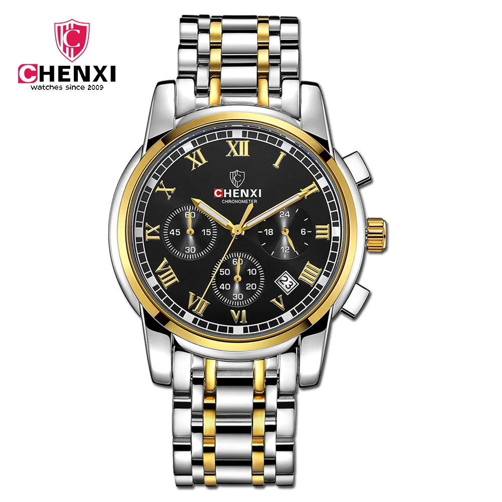 

Mens Watches Top Luxury Brand CHENXI Men Full Steel Quartz Watch Chronograph Analog Waterproof Sports Army Military WristWatch