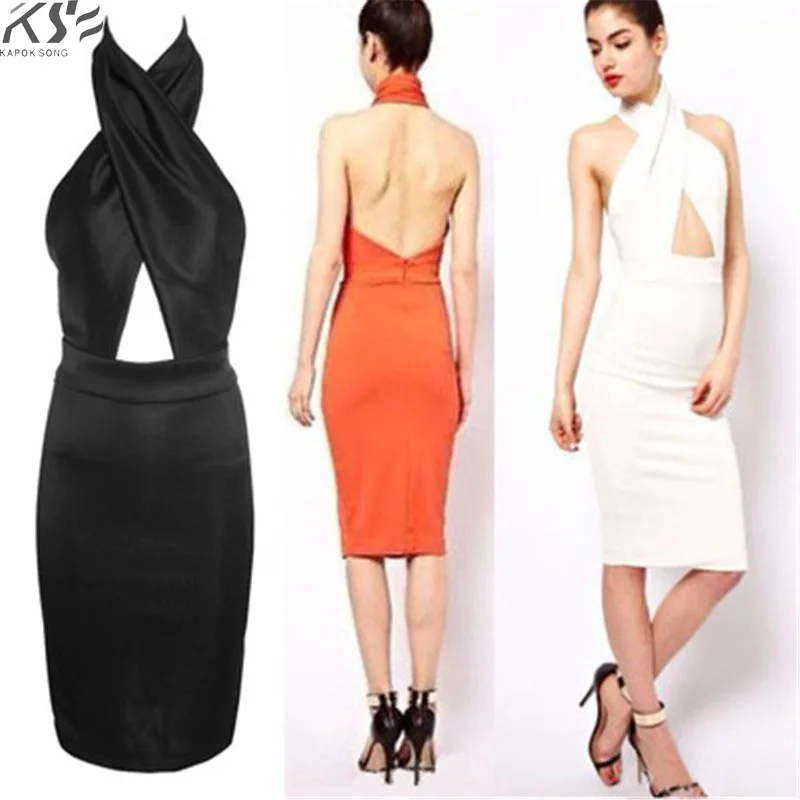 European and American foreign trade sexy hanging neck dress deep V collar open back