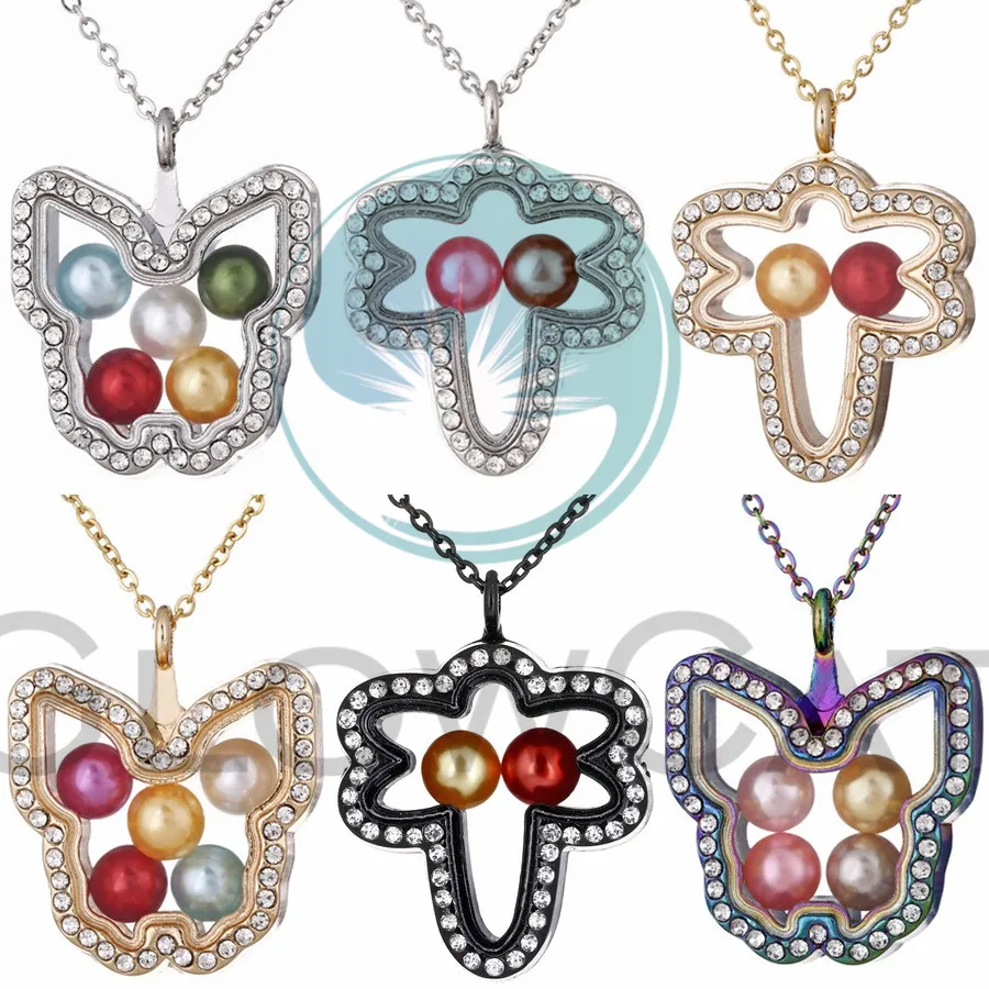 

Flying Insect Glass Locket Necklace Rhinestone Pearl Cage Living Memory Floating Photo Locket Pendant Necklace
