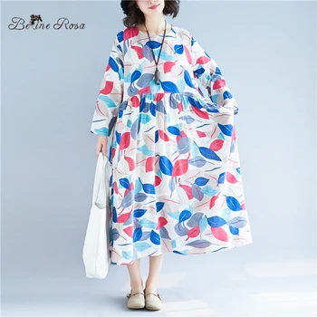 

BelineRosa 2019 Plus Size Dresses Women Leaves Printing Big Sizes Women Clothing Spring Long Sleeve Women Dress BSDM0234