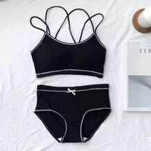 Женское черное нижнее белье, комплект с бюстгальтером, нижнее белье, удобная беспроводная домашняя одежда, черный и белый хлопок, комплекты бюстгальтеров