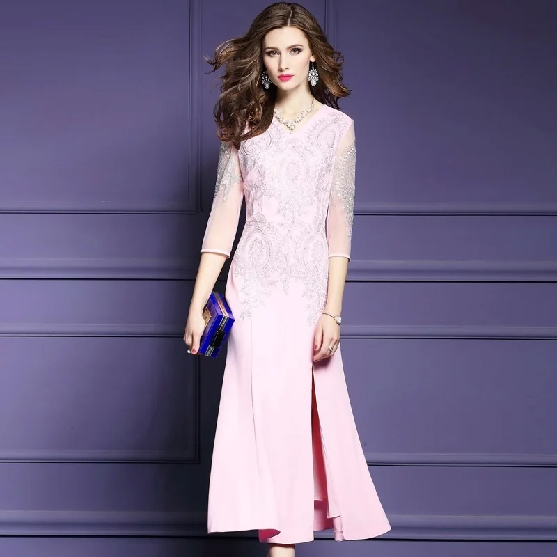 

women elegant Party Dress 2018 new Superior quality Spring summer V-Neck Embroidery dress Business Plus Size S XXXL long dresses