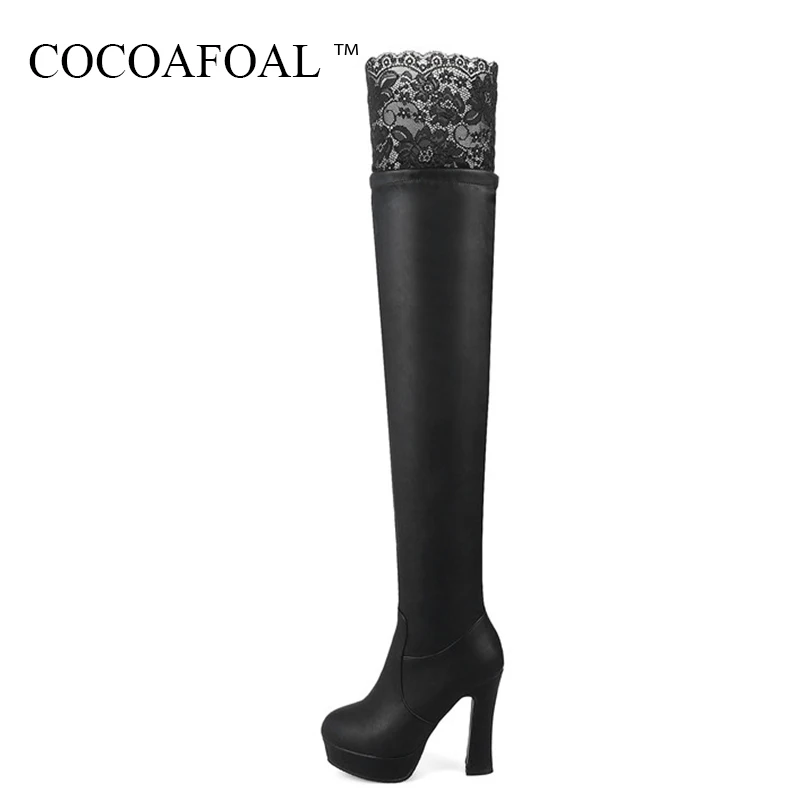 

COCOAFOAL Winter Woman High Heeled Shoes Sexy Plus Size 43 Chelsea Over The Knee Boots Black White Round Toe Thigh High Boots