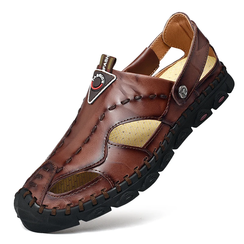 

plus size men fashion cow leather summer seaside shoes outdoors covers toe beach sandals flat platform sandalia masculina zapato