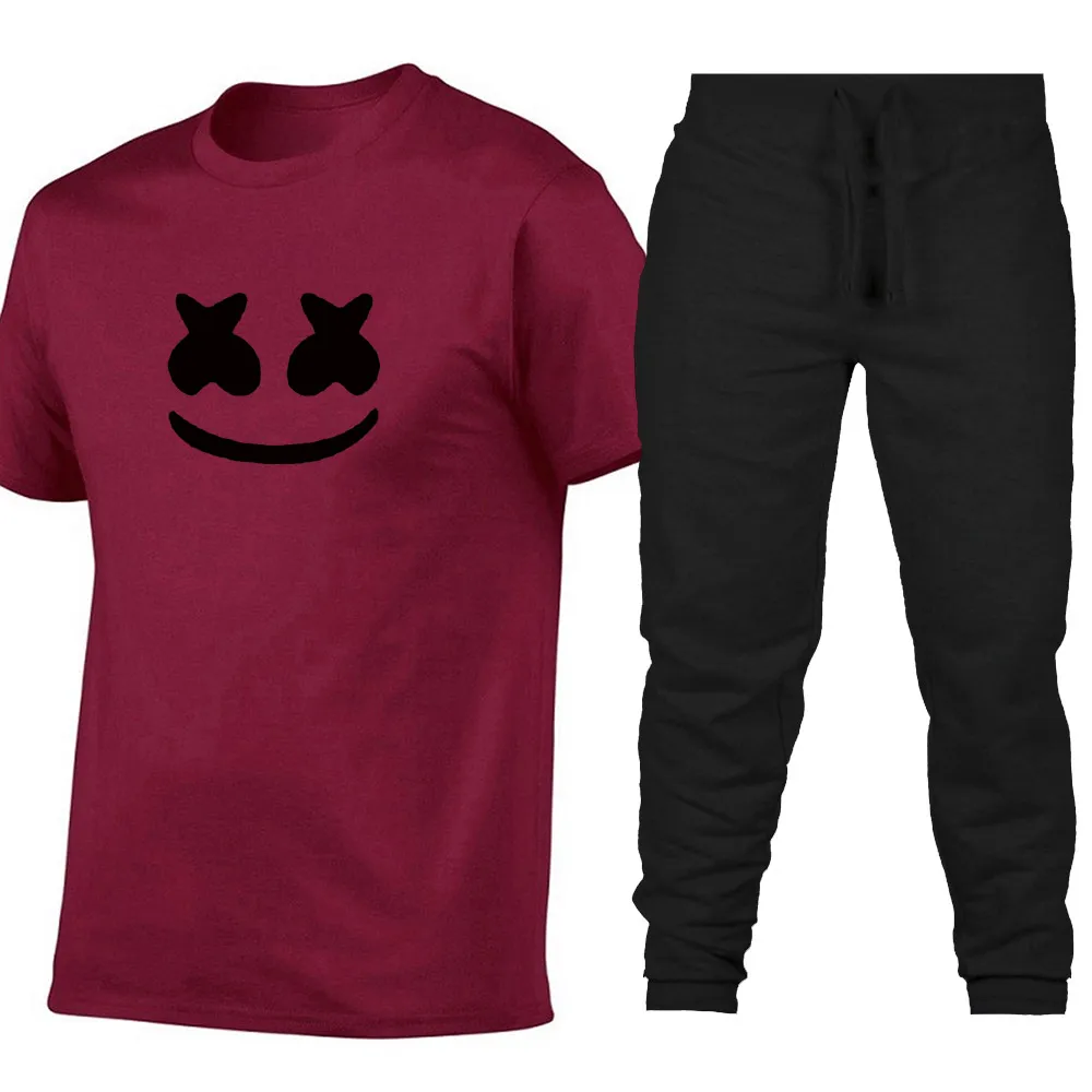 

2019 New Summer Men T Shirts+pants Suits Men Casual cotton Tops Tees Smiling face print Fashion Brand Tshirt Sportswear
