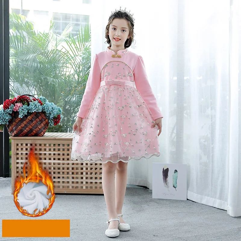 

New Girl Autumn Winter Dress Children Clothes Thicken Warm Design Solid Embroidered Mesh Long Princess Dress with Floral Decor