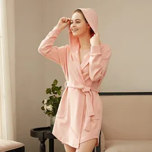 Банные халаты с шапкой для женщин, весенний хлопковый Халат с длинными рукавами, милые красивые халаты с капюшоном, домашняя одежда, ночной халат