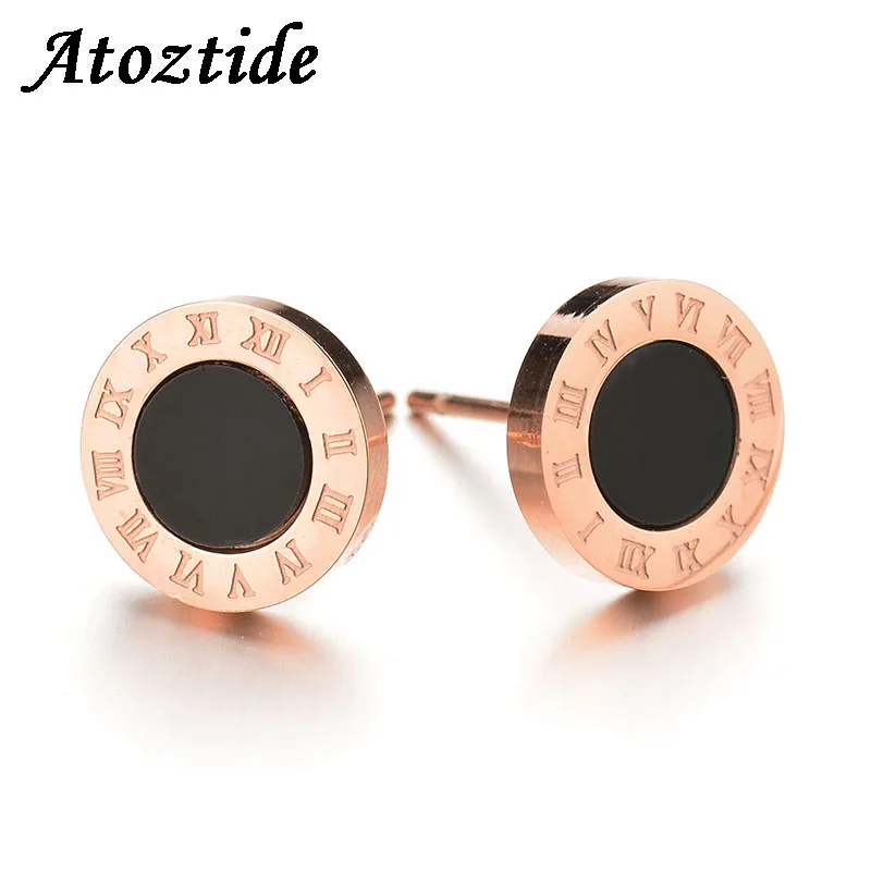 

Atoztide Fashoin Roman Numbers Shell Stud Earrings For Women Brand Stainless Steel Rose Gold Color Piercing Round Earrings