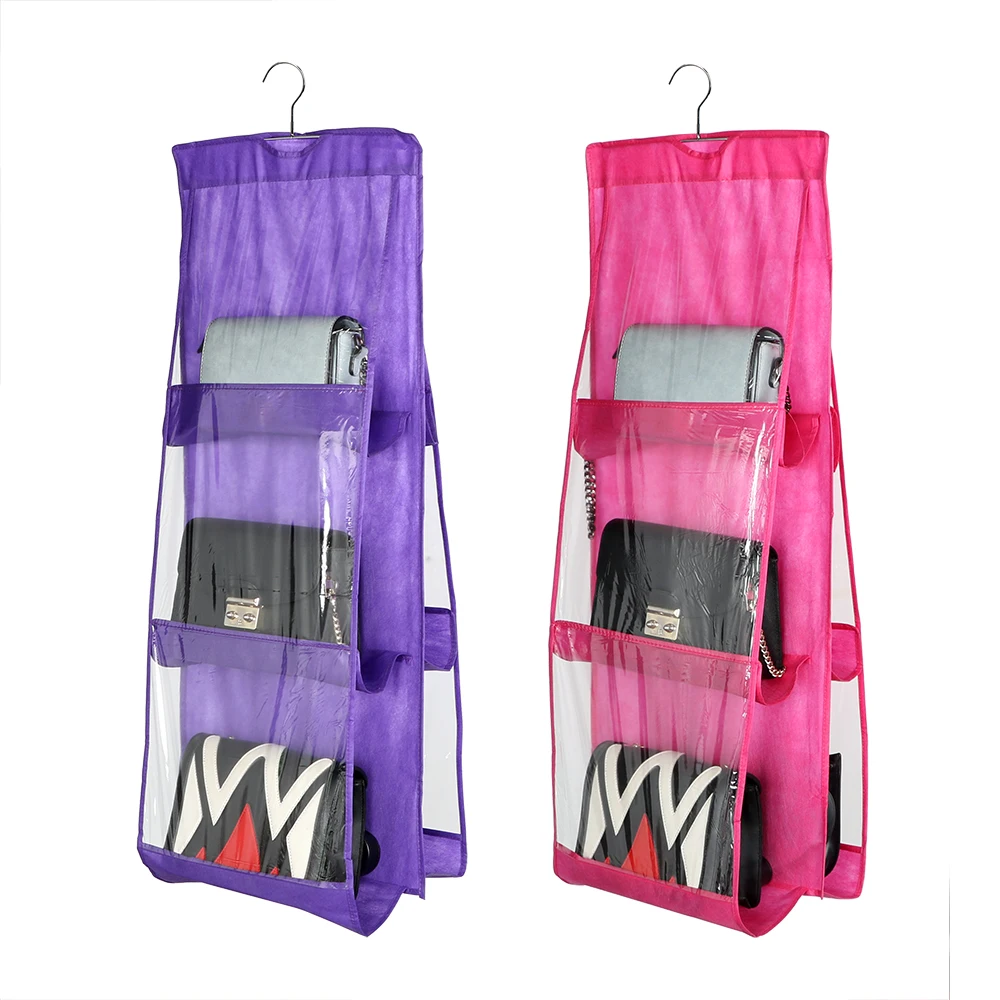 4 Colors 6 Pockets Handbag Purse Storage Bag Hanging Books Organizer Wardrobe Closet Hanger Double Sided Foldable Transparent