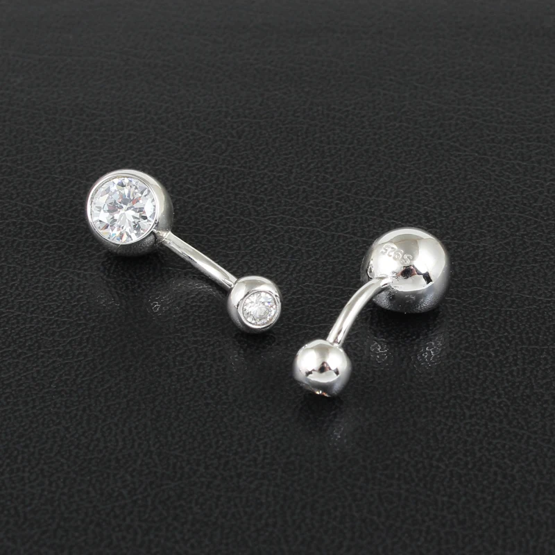 Real 925 sterling silver belly button ring clear double zircon stones body jewelry ball navel bar piercing jewelry free shipping-2