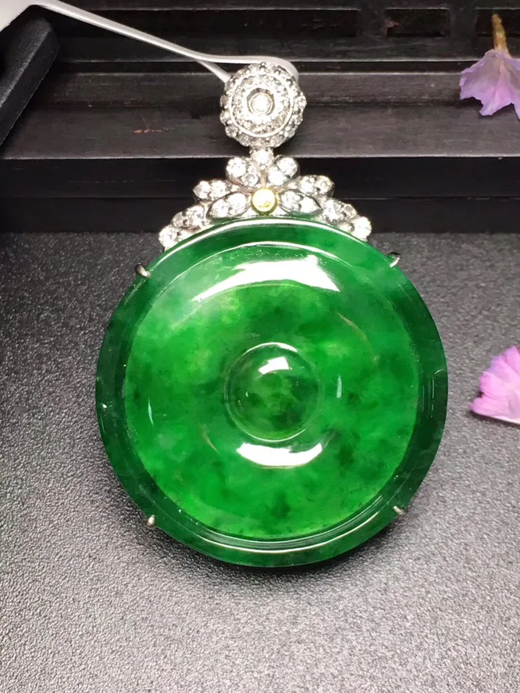 

423 Carving Jadite Fine Jewelry Real 18K White Gold Natural Green Jade Gemstone Round Shape Pendant Necklace Fine Pendants