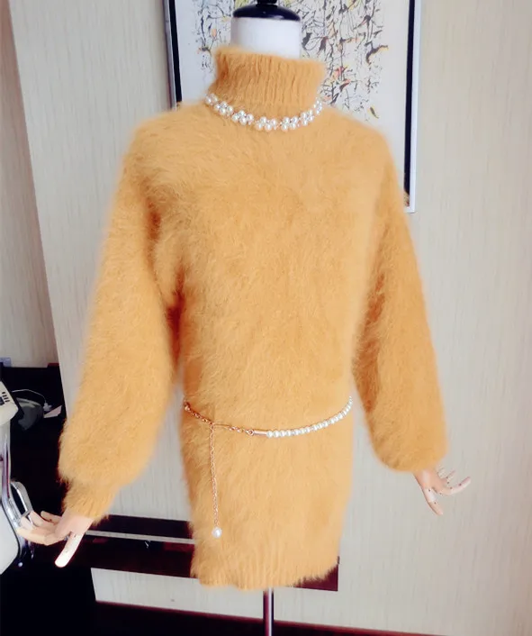 Горячая распродажа Женские женксие кофты и пуловеры настоящий норковый кашемировый вязаный свитер с высоким воротом Пуловер S1901