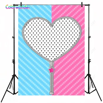 

5x7ft Custom Backdrops for Kids Photography Backgrounds White Heart with Black Spots Blue and Pink Stripes with Dots Backdrops