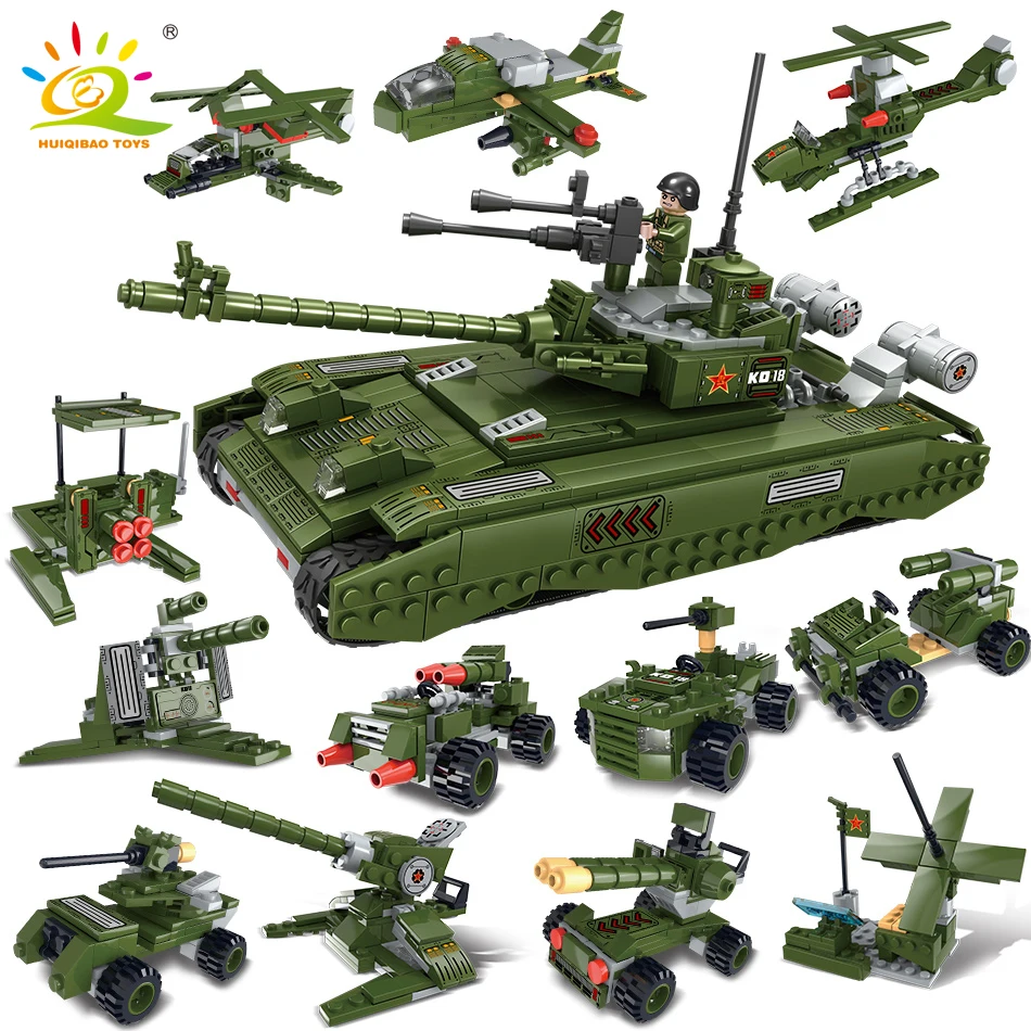 

912PCS 12in1 Army Tank Car helicopter Building Blocks legorreta Military weapon with soldier figures DIY brick Boy Toys For Kids