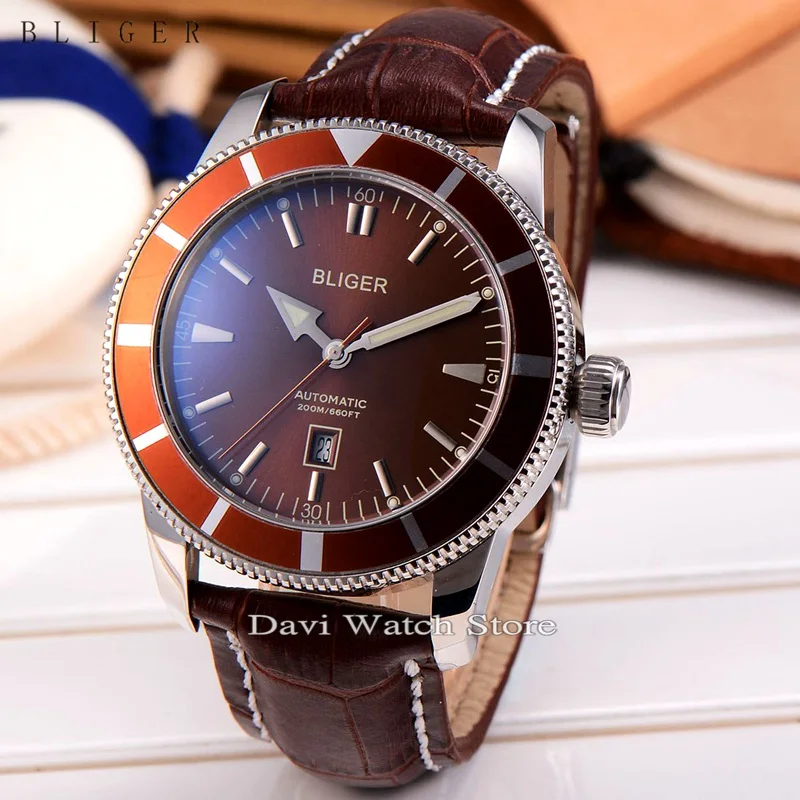 

BLIGER 46mm luminous Stainless steel silver case coffee dial bezel automatic mens Date wrist watch